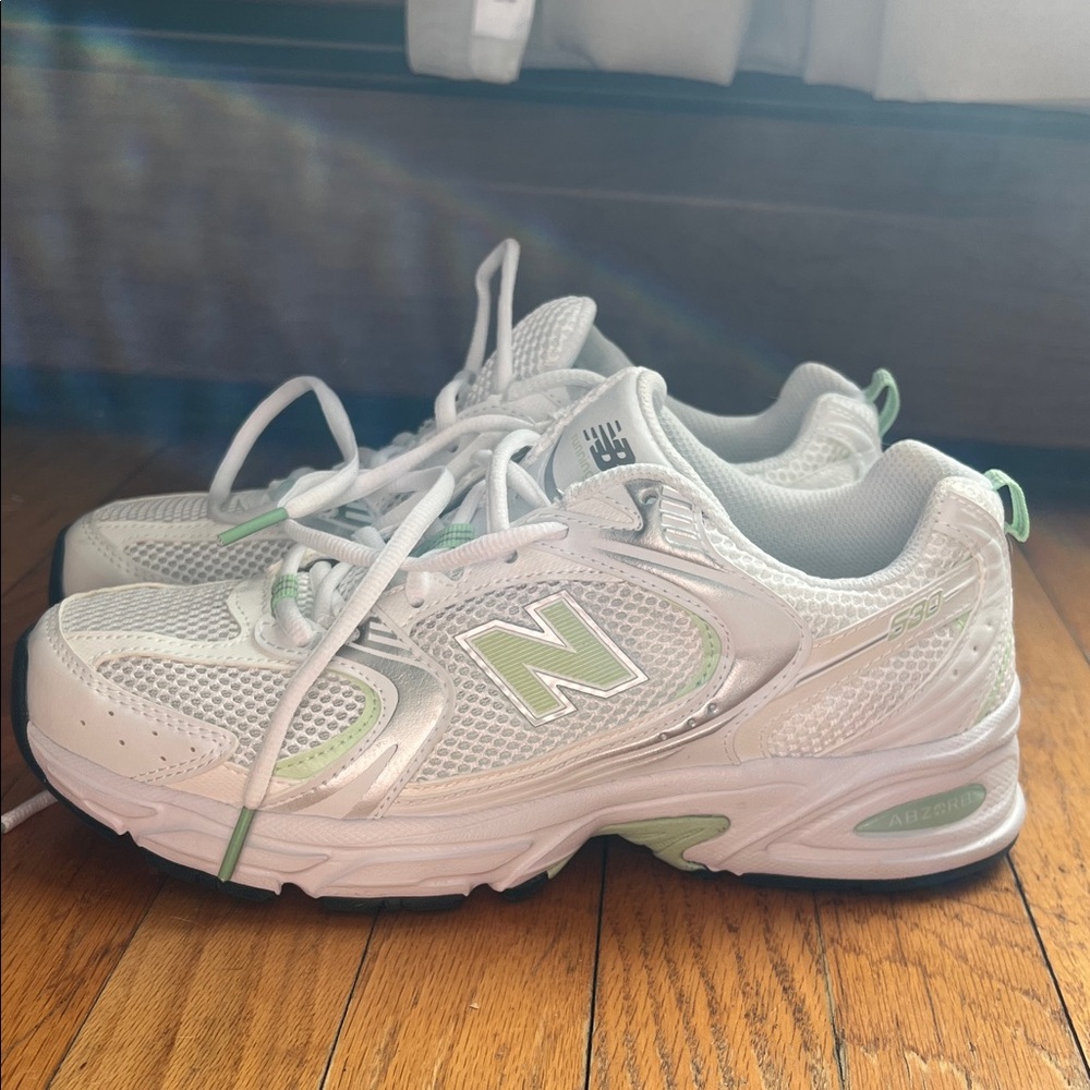 New Balance White and Green Athletic Sneakers